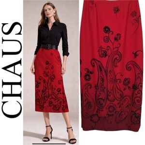 Chaus Vintage red midi skirt featuring a black paisley and floral print.Size 10